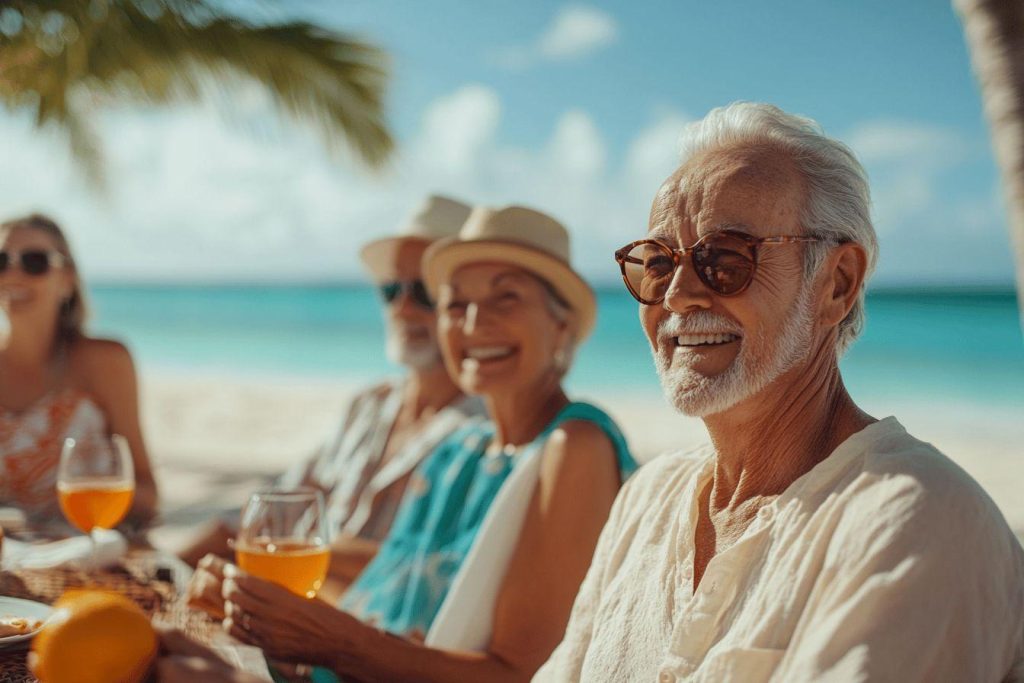 Personnes âgées souriant, buvant des cocktails sous un palmier