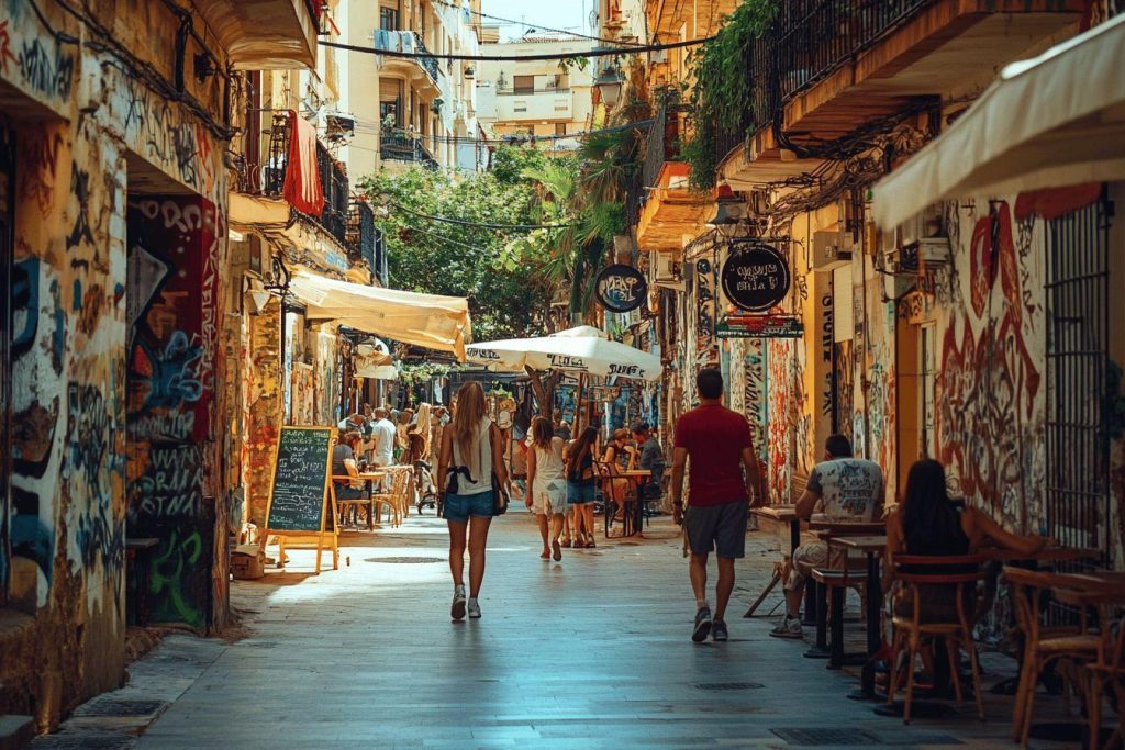 Ruelle étroite avec cafés, street art et passants