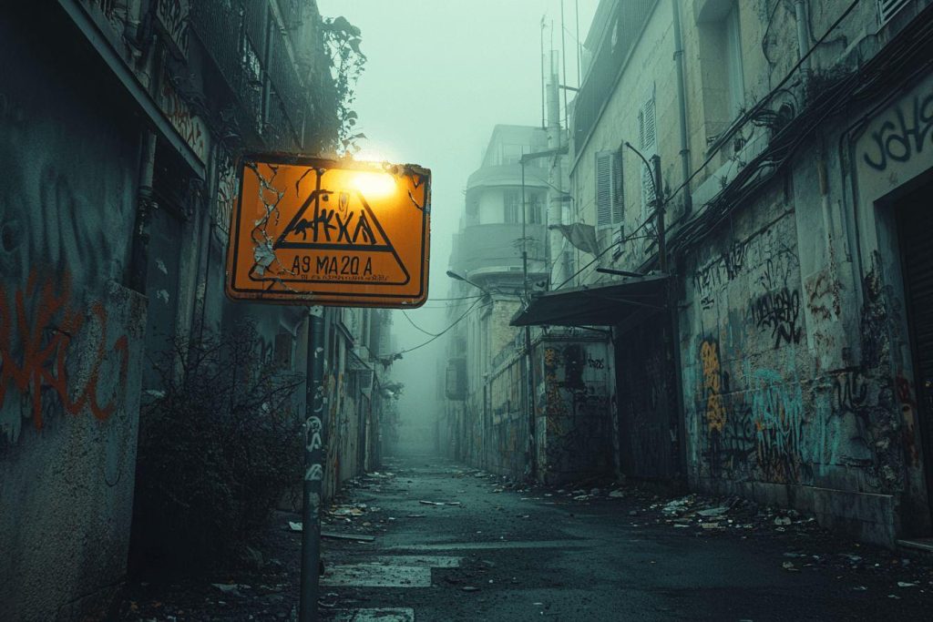Passage étroit avec graffitis et panneau jaune dans brume