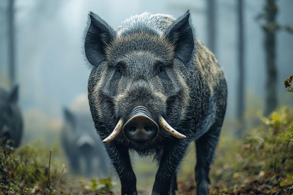 Sanglier gris avec des défenses, debout dans une forêt brumeuse