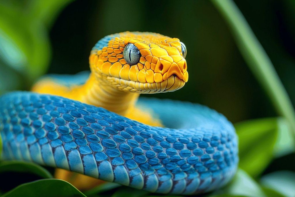 Tête de serpent exotique avec écailles bleu et jaune