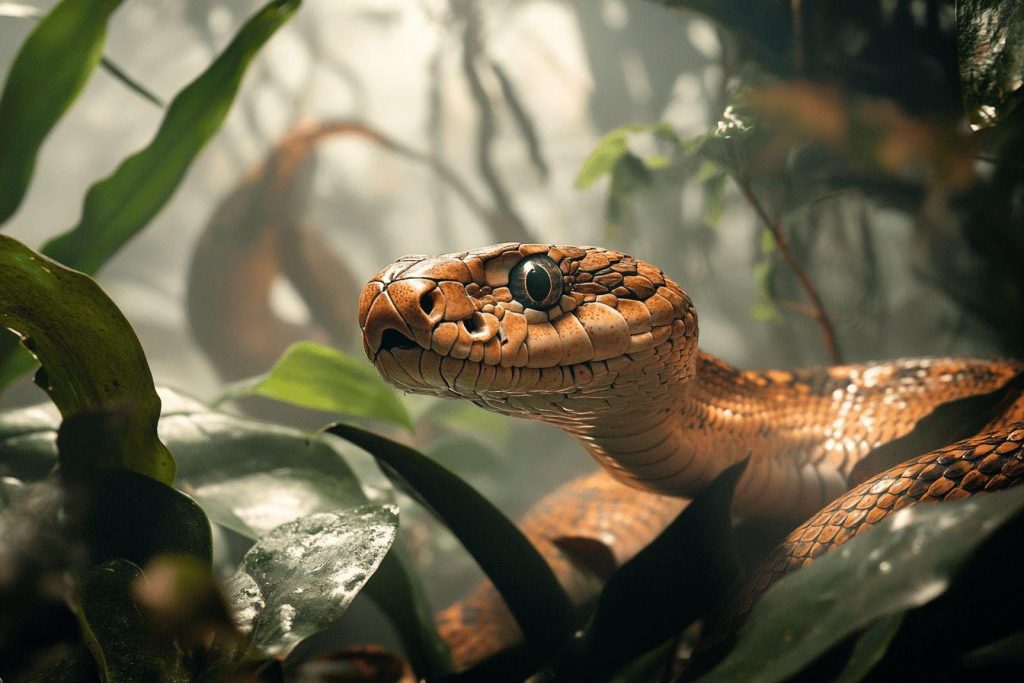 Gros plan sur un serpent orangé parmi des feuilles vertes