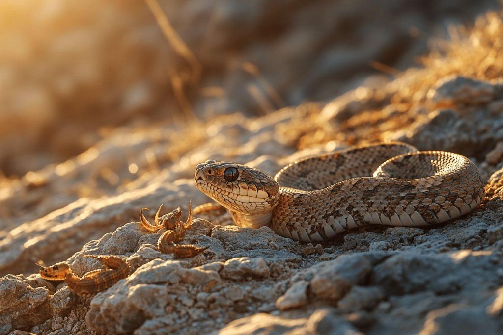 Serpent près de scorpions sur des rochers dorés