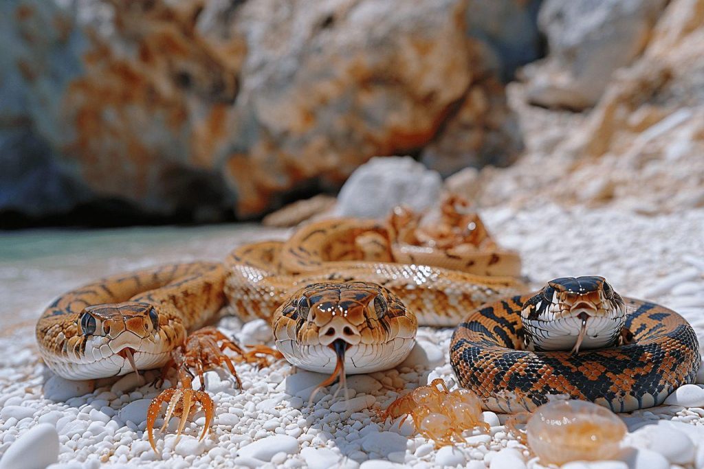 Trois serpents colorés près de crabes orangés sur fond rocheux