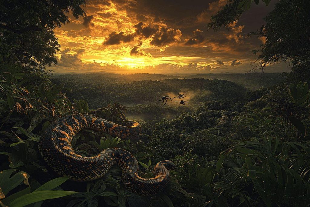 Gros plan de serpents parmi la végétation luxuriante au coucher du soleil