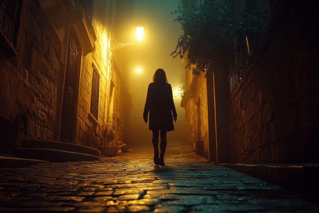 Femme marchant seule dans une ruelle sombre éclairée