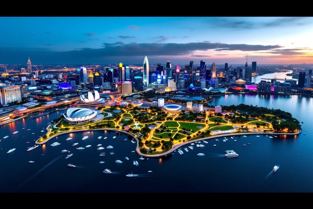 Vue aérienne panoramique de Singapour avec ses gratte-ciels colorés
