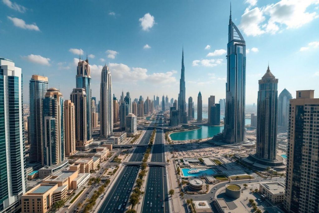 Vue panoramique des gratte-ciels de Dubaï avec route centrale