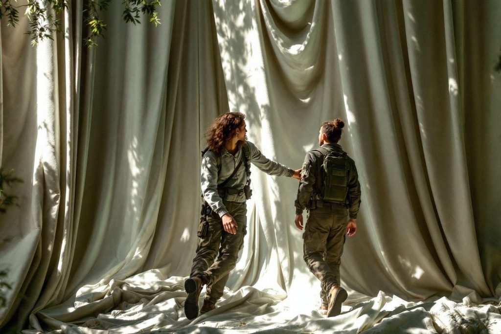 Deux militaires marchant à travers des rideaux lumineux
