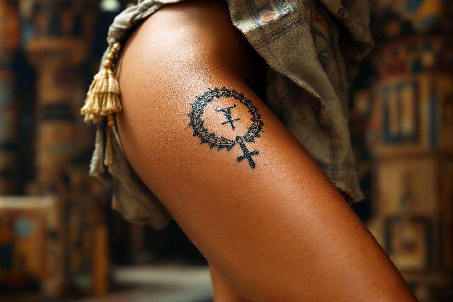 Tatouage circulaire avec croix sur bras, ambiance vintage