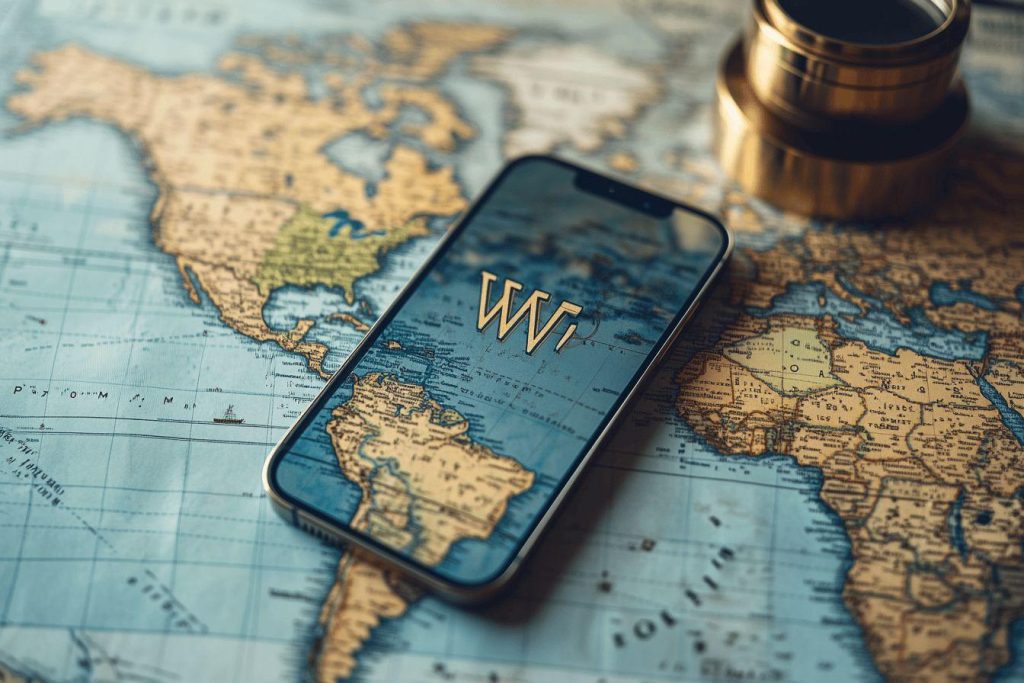 Smartphone sur carte ancienne avec logo et boussole