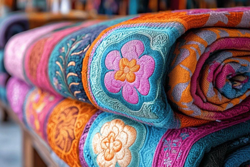 Tissus colorés avec motifs floraux brodés, empilés