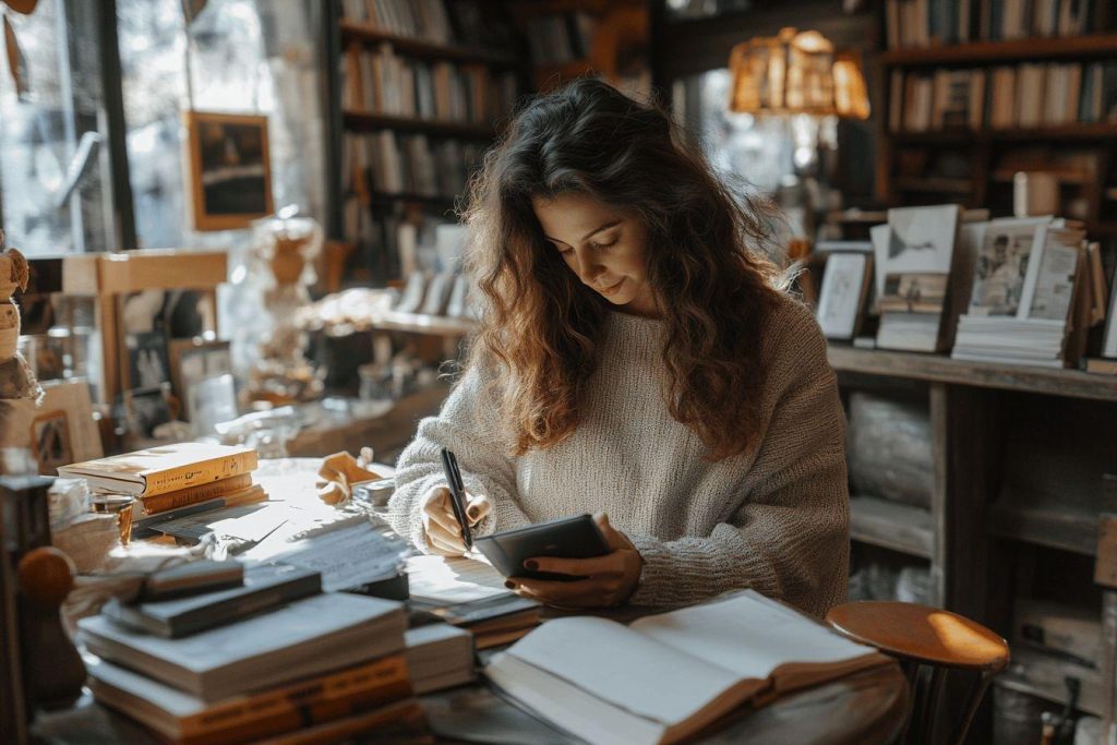Femme écrivant dans un livre entourée de livres