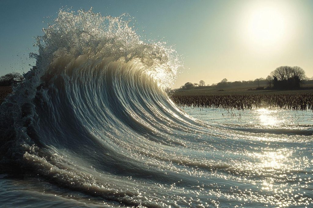 Grande vague éclatante au-dessus d'un champ dans la lumière matinale