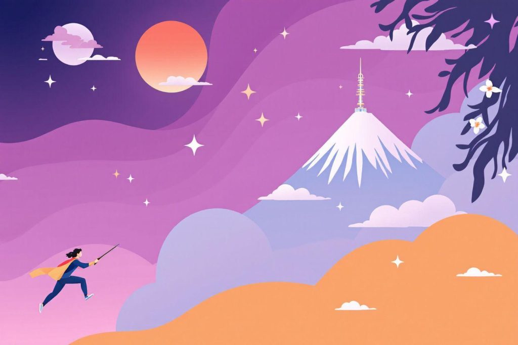 Silhouette courant vers un mont Fuji stylisé sous un ciel étoilé
