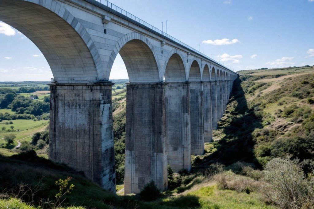 Grand pont arqué en béton traversant un paysage verdoyant