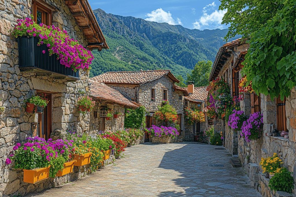 Ruelle pavée avec maisons en pierre et fleurs colorées