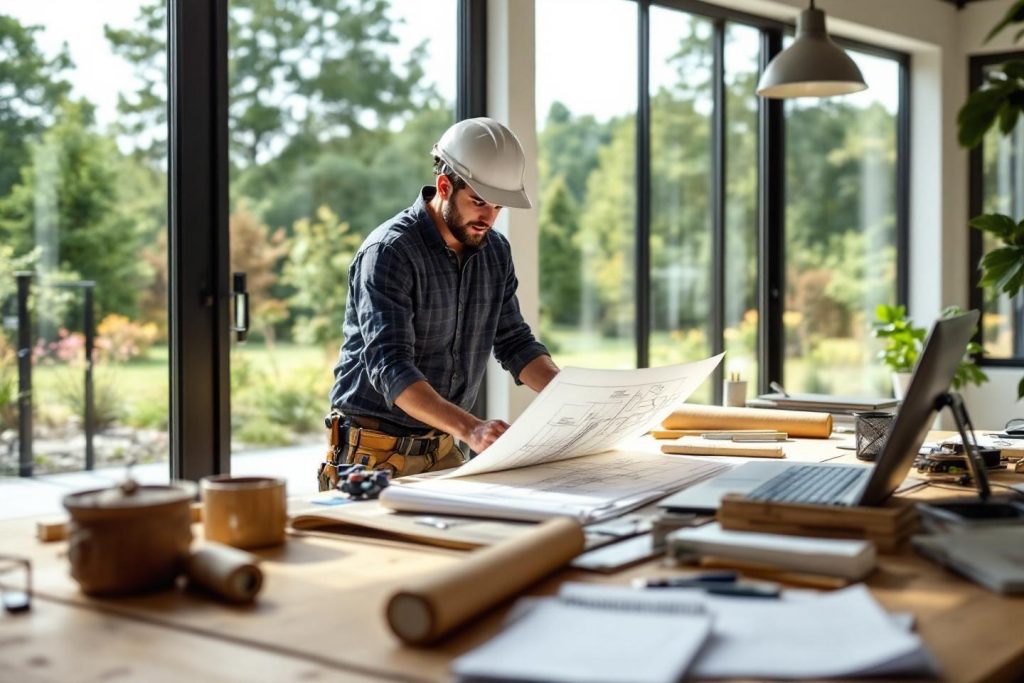 Professionnel avec casque blanc travaillant sur des plans près d'une fenêtre