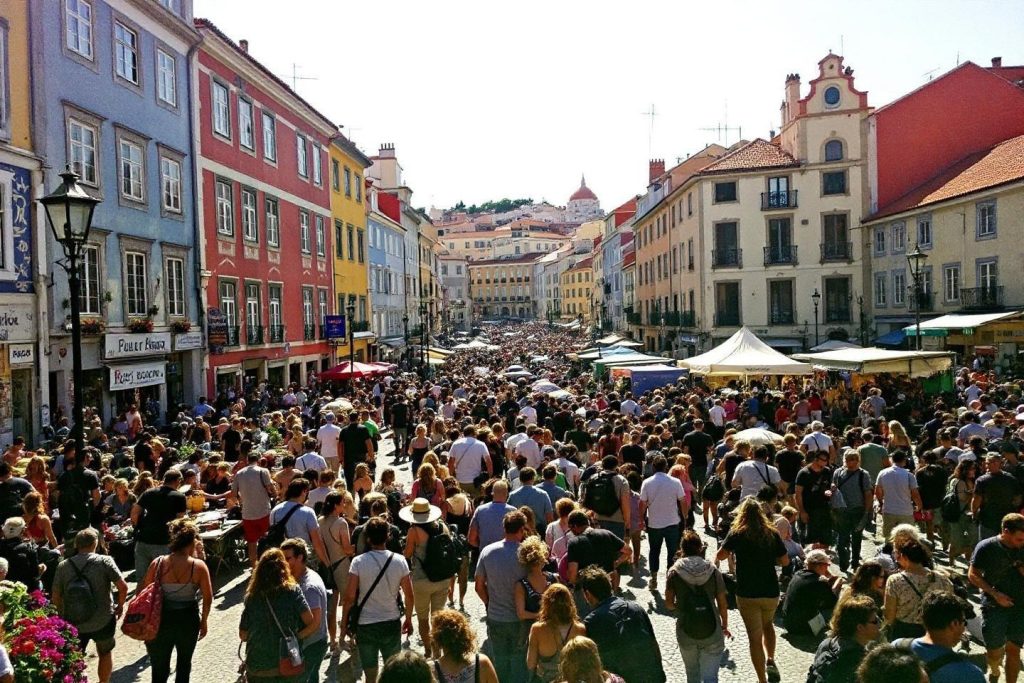 Rue bondée de Lisbonne avec bâtiments colorés et marchands