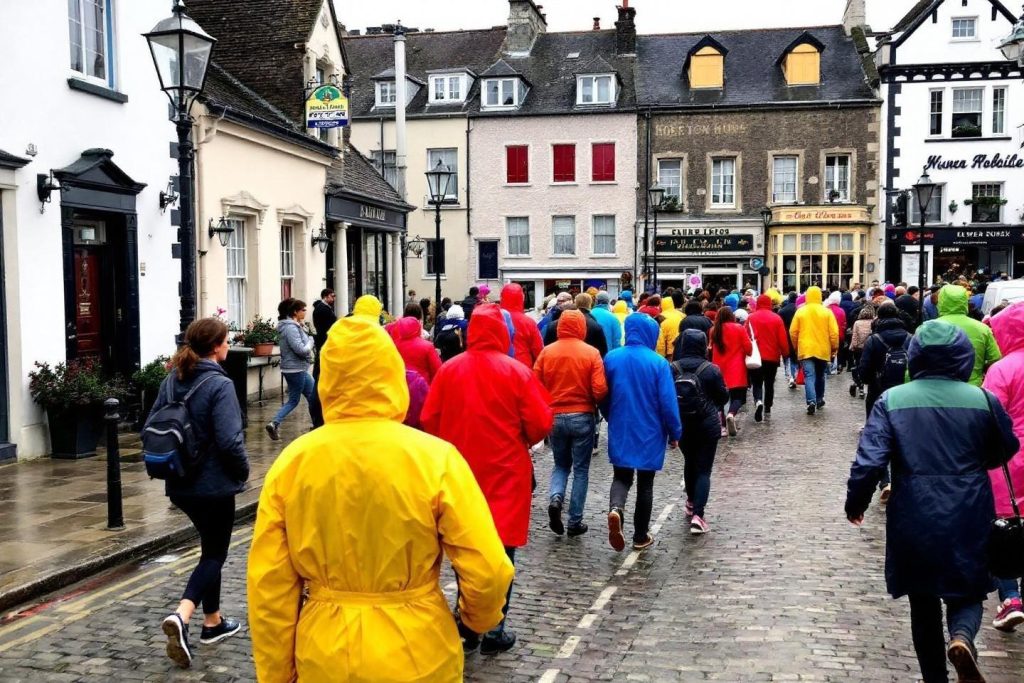 Groupe de personnes portant des imperméables colorés dans une rue pavée
