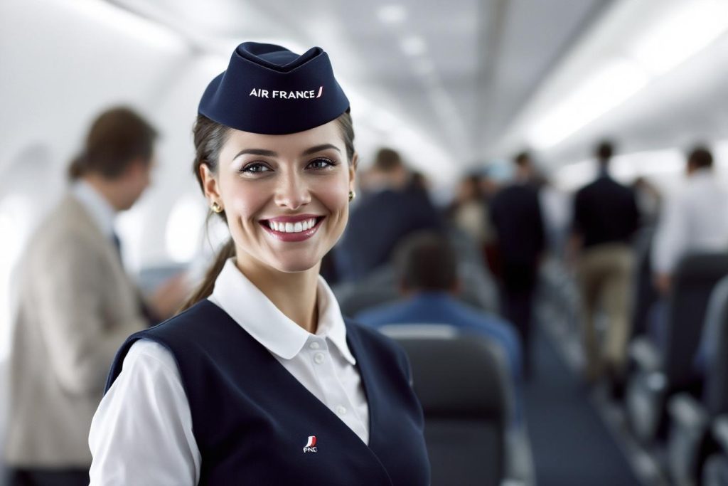 Uniforme bleu marine, sourire chaleureux dans un avion