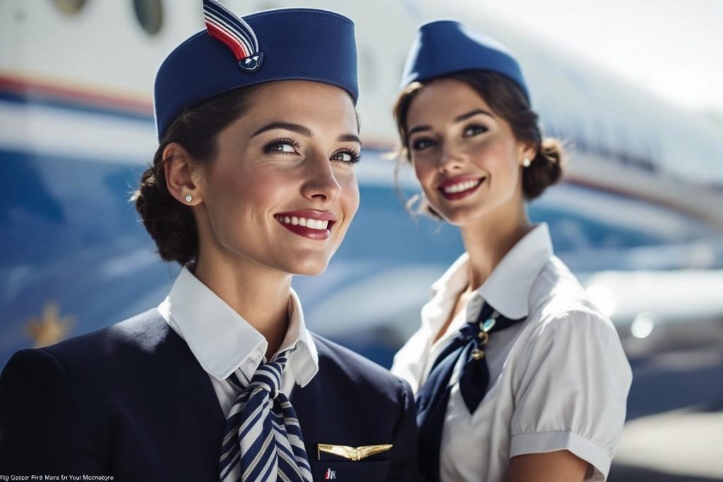 Deux agents de bord élégants devant un avion