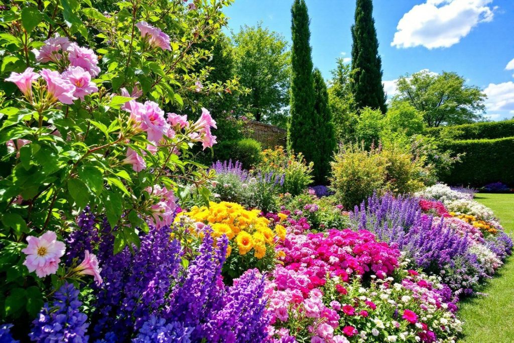 Massif floral multicolore avec cyprès et pelouse verdoyante