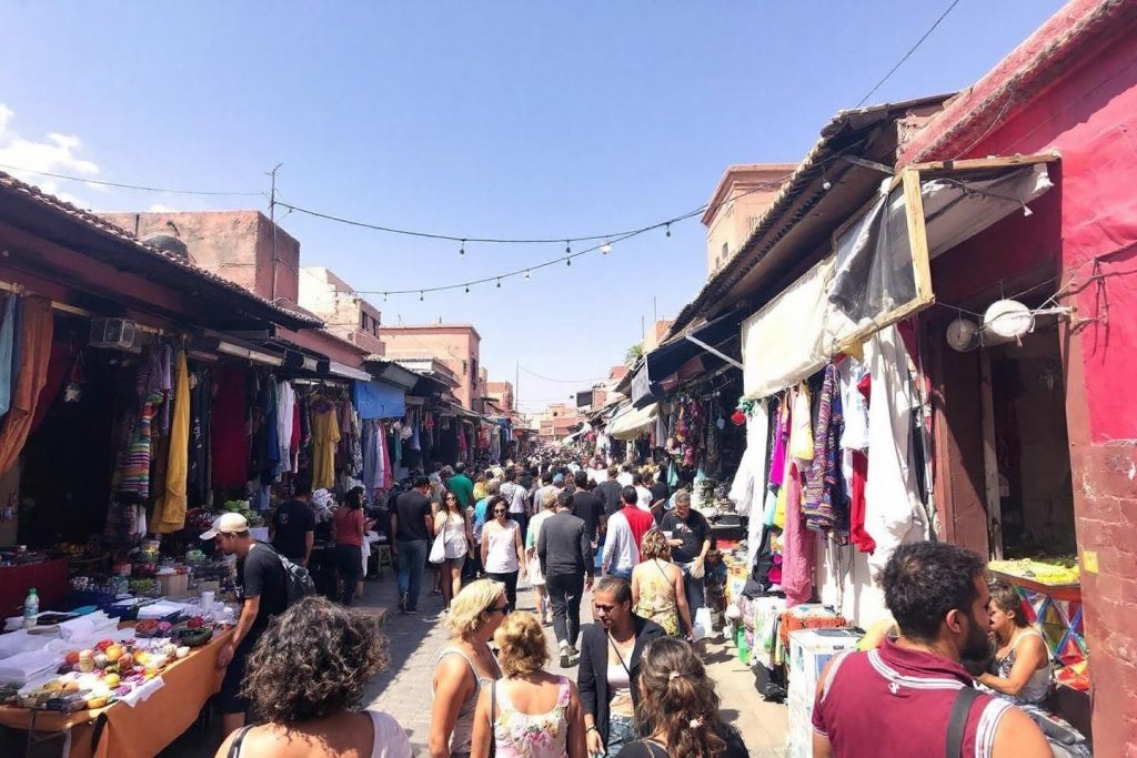 Foule dense entre étals colorés dans souk marocain