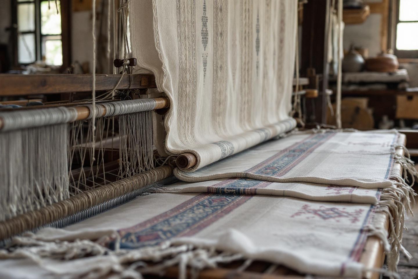 Tissu en cours de fabrication sur un ancien métier à tisser