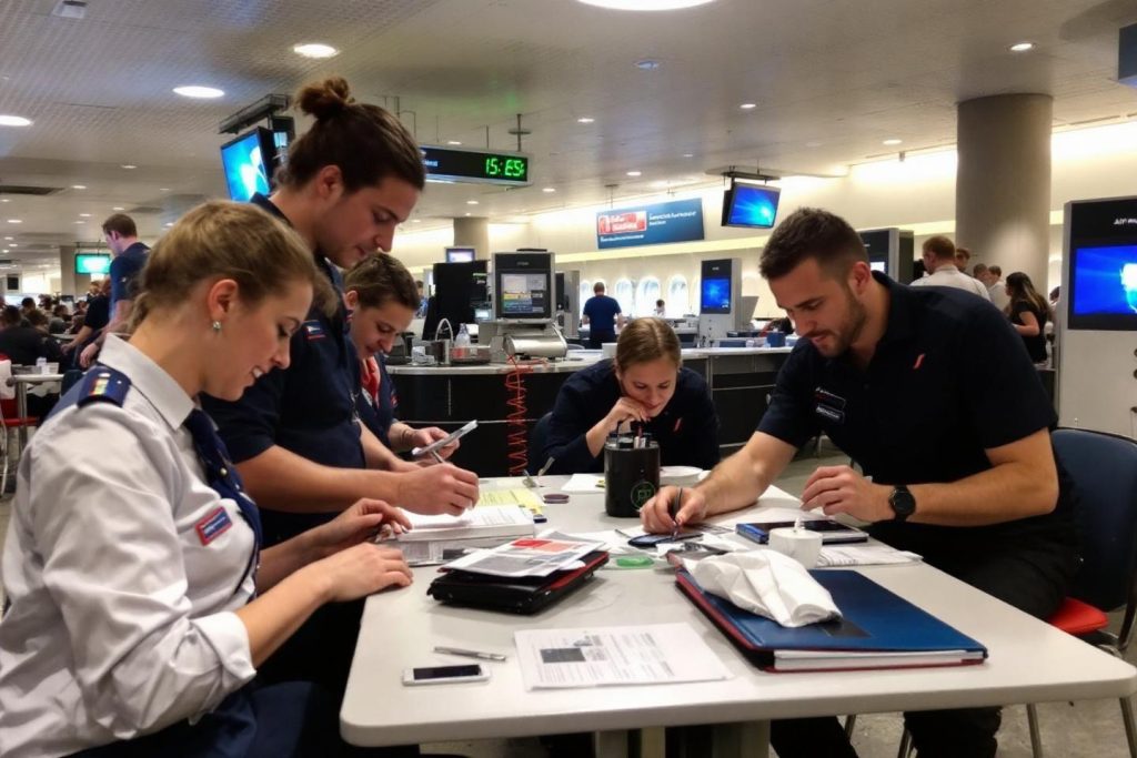Employés en uniforme travaillant ensemble à un comptoir d'aéroport