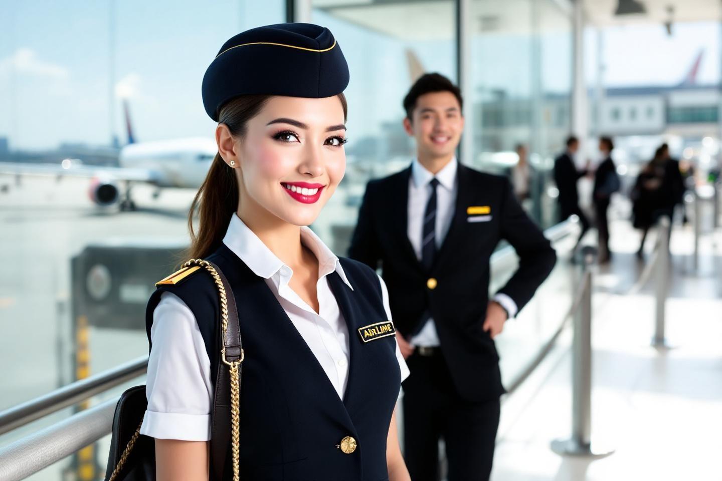 Hôtesse de l'air souriante avec collègue en arrière-plan