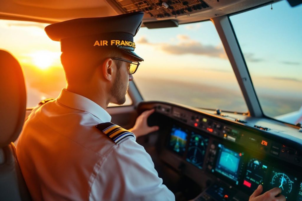 Cockpit d'avion avec pilote et vue panoramique lumineuse