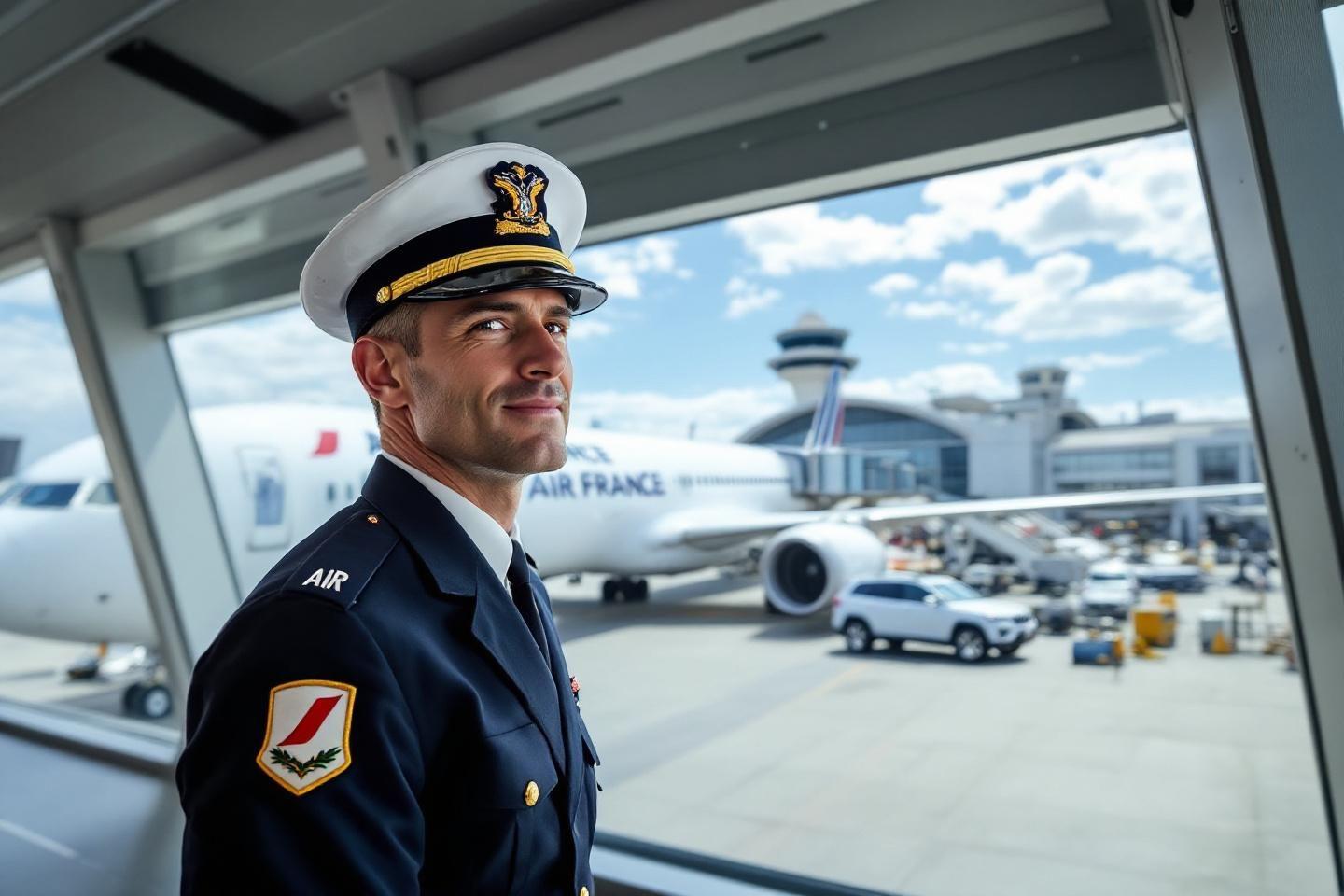 Pilote souriant devant un avion Air France à l'aéroport