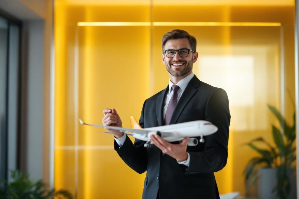 Homme en costume tenant un modèle d'avion devant un mur jaune