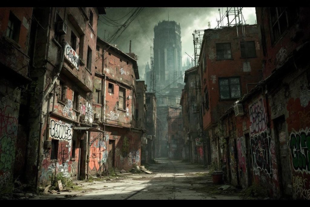 Rue abandonnée avec immeubles dégradés et tours lointaines