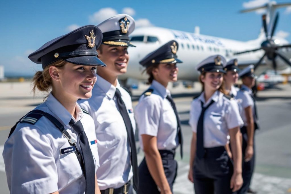 Femmes militaires en uniforme blanc devant un avion