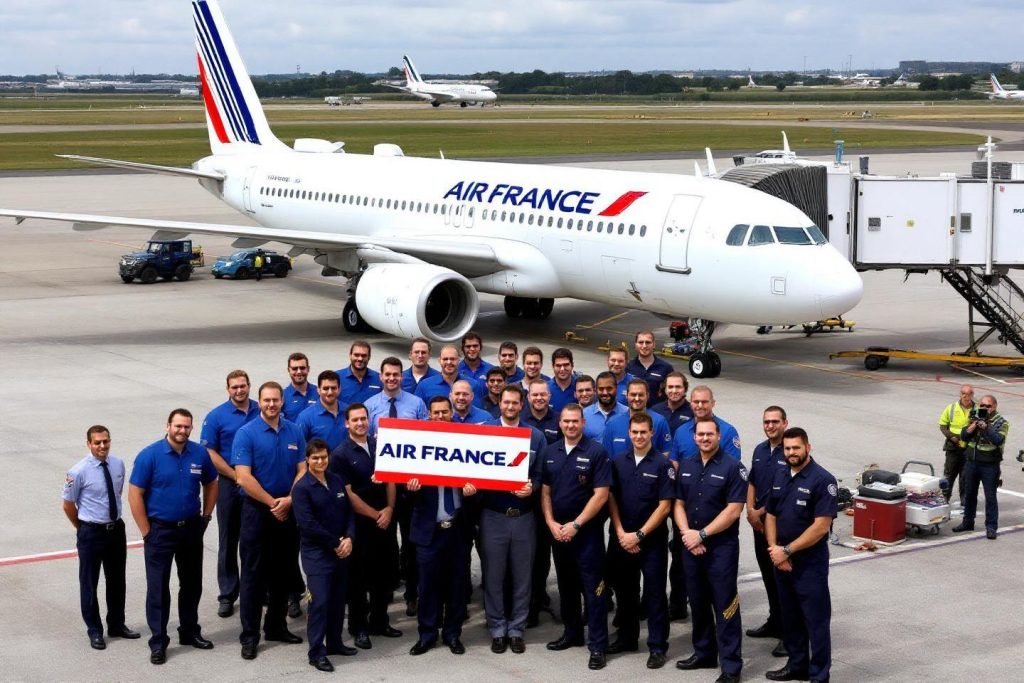 Groupe de personnel aéroportuaire devant un avion Air France