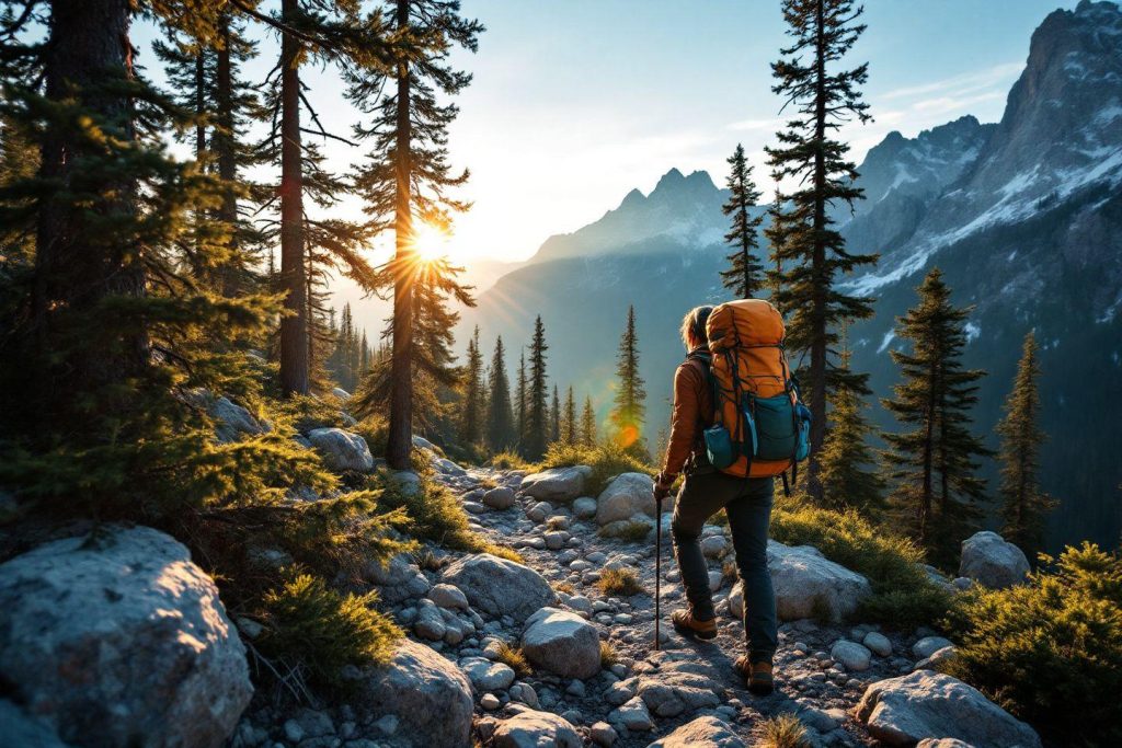 Marcheur solitaire avec sac à dos sur sentier rocheux au lever du soleil