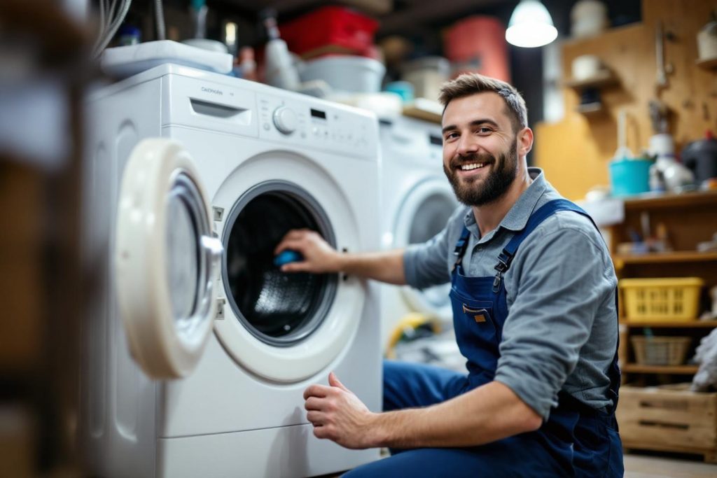 Homme souriant réparant un lave-linge blanc en atelier