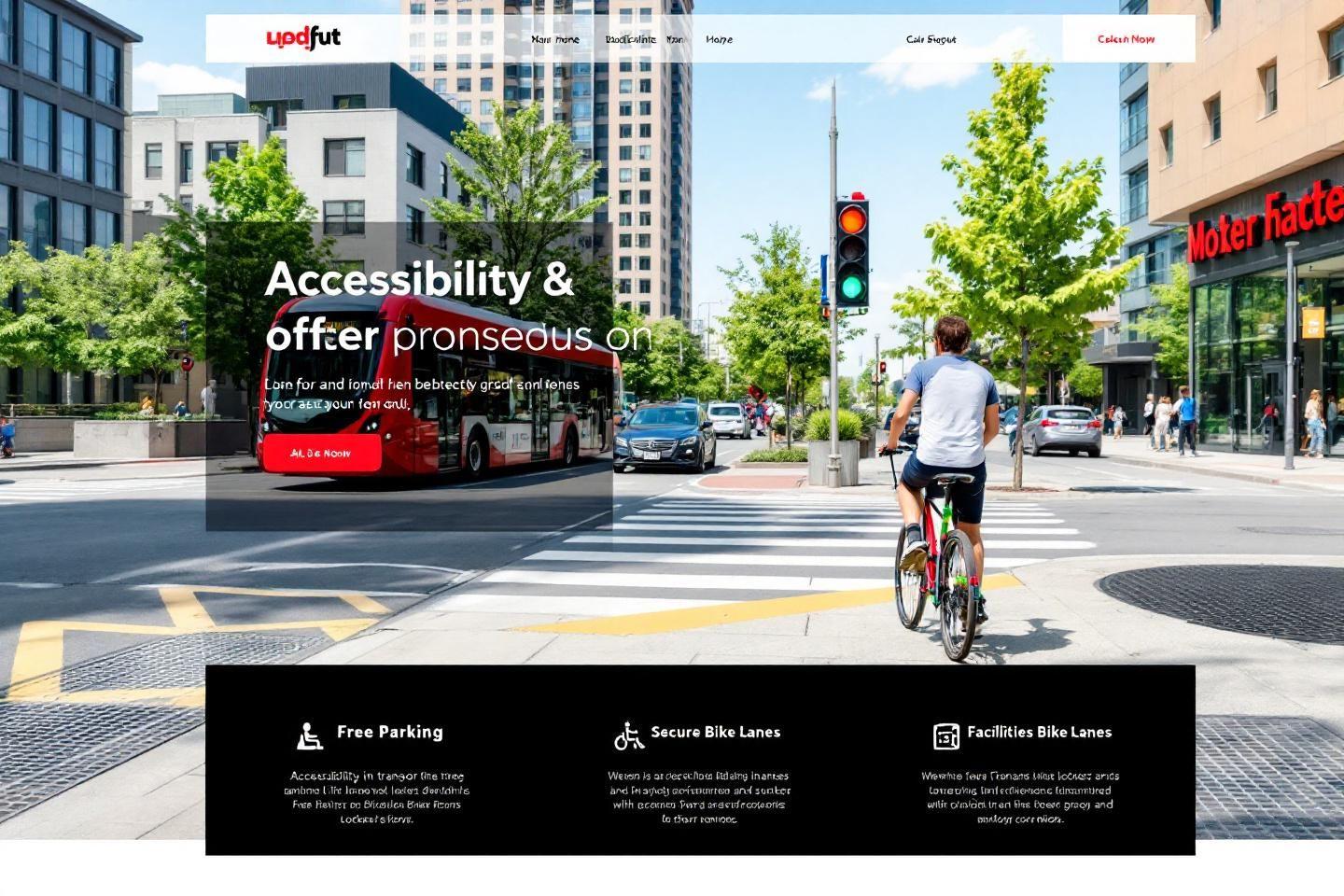 Carrefour urbain avec cycliste, bus, voitures et passages piétons