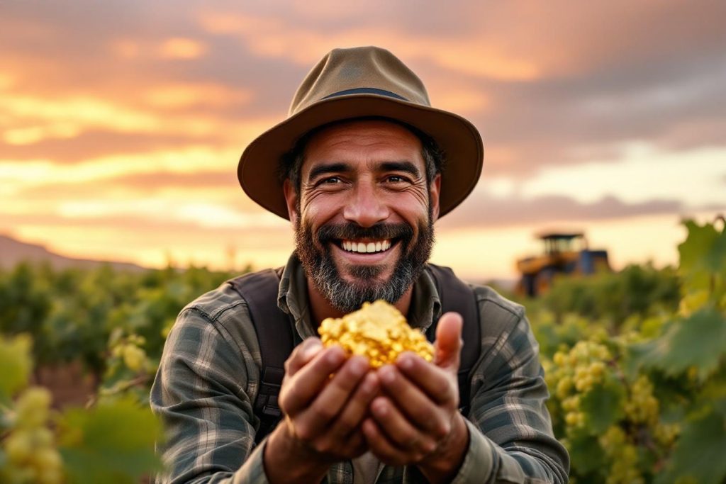 Homme heureux tenant des raisins au coucher du soleil