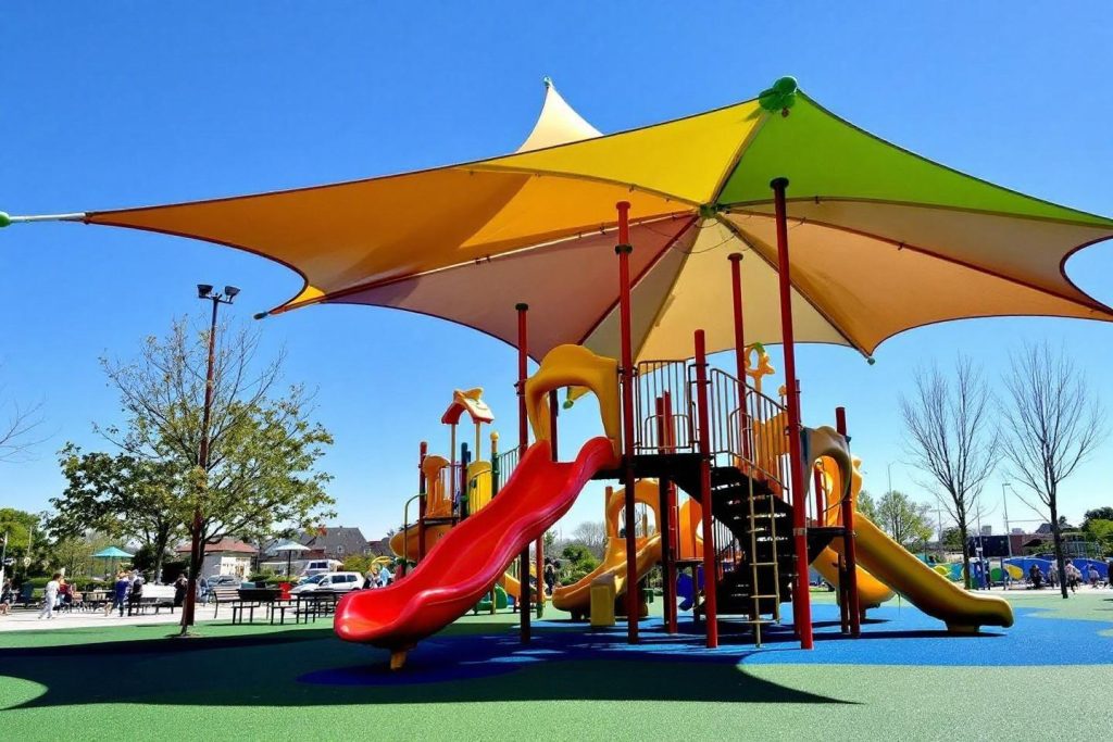 Terrain de jeux avec toboggans multicolores sous un grand parasol