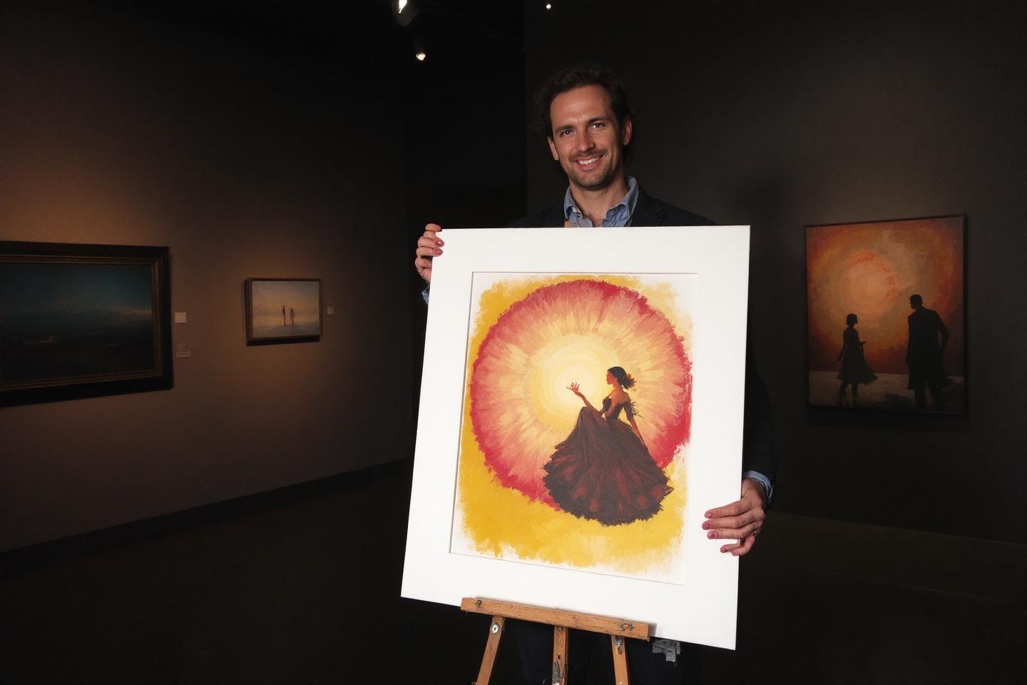 Homme souriant tenant une peinture d'une femme dans une salle d'exposition