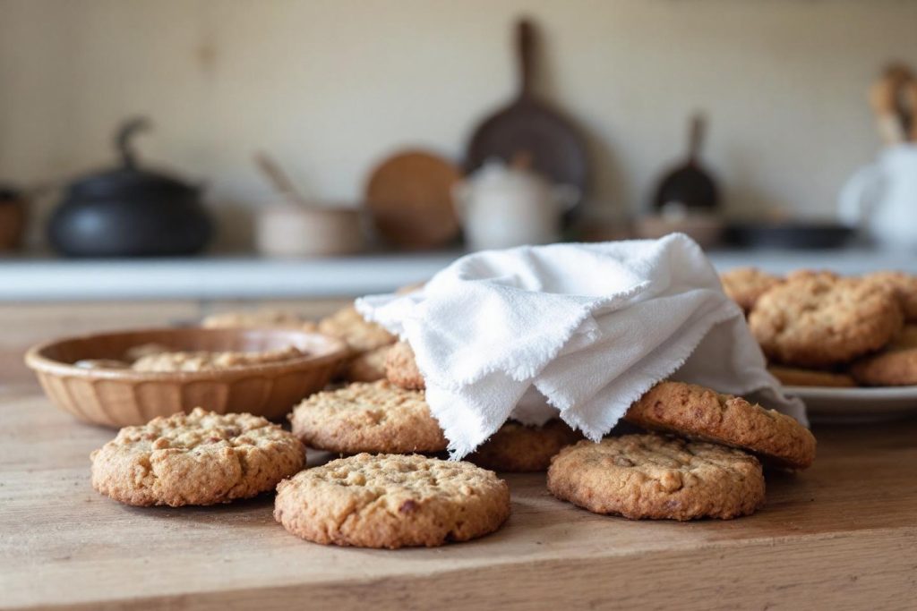 Biscuits dorés disposés sur une table en bois avec un torchon