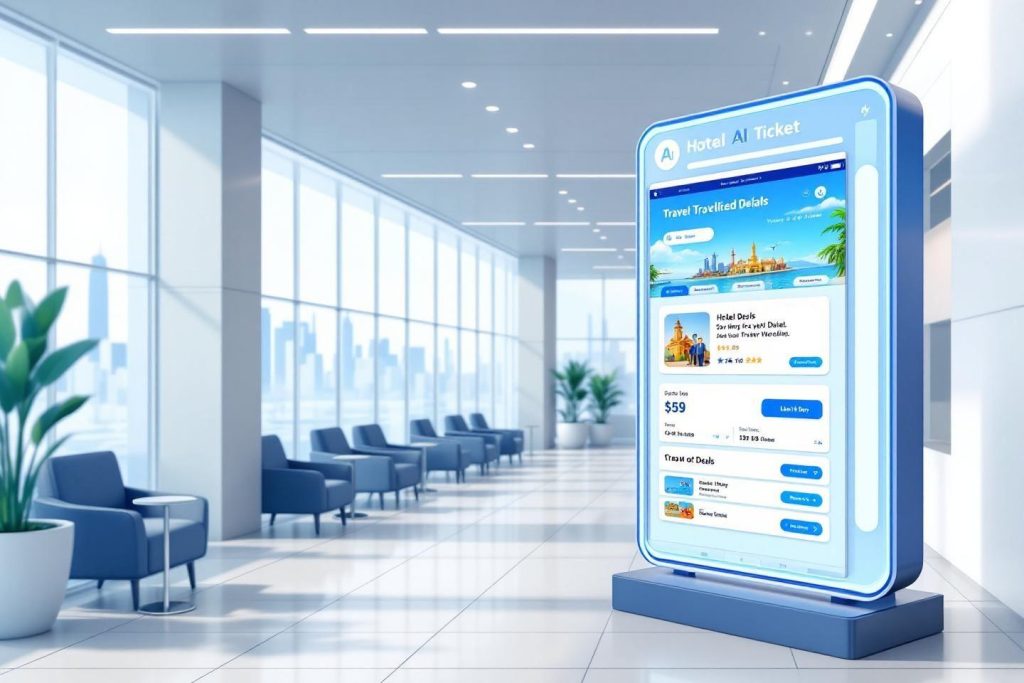 Écran interactif affichant des offres de voyage dans un hall lumineux