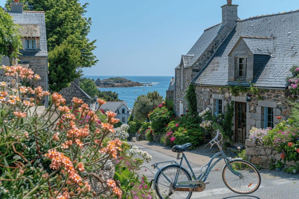 Maisons de pierre, vélo, fleurs et vue sur la mer