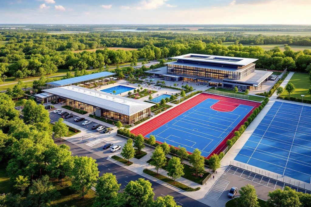 Vue aérienne d'un complexe sportif avec terrains et bâtiments