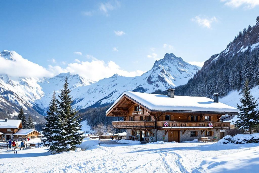 Chalet en bois avec montagnes et sapins sous la neige