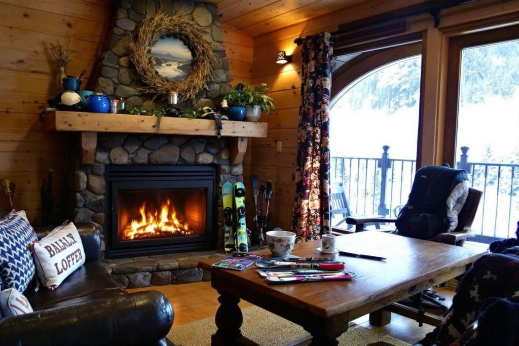 Intérieur chaleureux de chalet en bois avec feu et skis