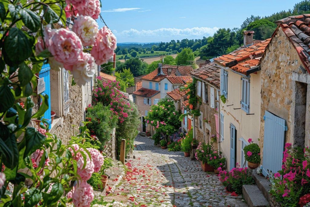Ruelle pavée bordée de maisons et de fleurs roses